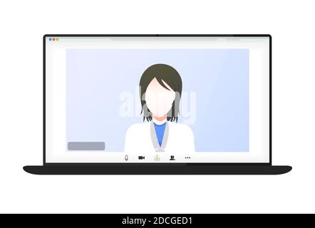 Videoconferenza sullo schermo del portatile. Bellissimi avatar per profili. Illustrazioni progetto piano videoconferenza. Modulo di lavoro per riunioni online Illustrazione Vettoriale