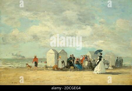 Eugène Boudin, (artista), francese, 1824 - 1898, Beach Scene, 1862, olio su legno, totale: 31.2 x 47.5 cm (12 5/16 x 18 11/16 pollici), incorniciato: 47.3 x 63.5 cm (18 5/8 x 25 pollici Foto Stock