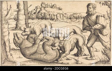 Augustin Hirschvogel, (artista), tedesco, 1503 - 1553, Bear Hunt, 1545, incisione Foto Stock