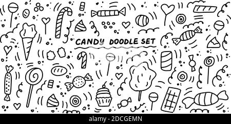 Candy Doodle Set. Linee disegnate a mano cartoni animati raccolta. Gommosa, dolce, zucchero, cioccolato, caramello, Lollipop, gelatina, marmellata. Collezione icone vettoriali i Illustrazione Vettoriale