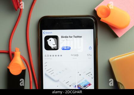 New York, Stati Uniti - 7 novembre 2020: Primo piano dello schermo del telefono con il logo dell'app mobile di Birdie for Twitter in esposizione, Editoriale illustrativo. Foto Stock