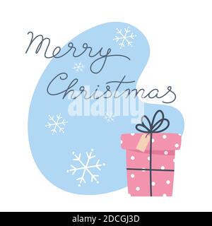 Regalo e fiocchi di neve, buon Natale, illustrazione vettoriale per il disegno di biglietto d'auguri Illustrazione Vettoriale