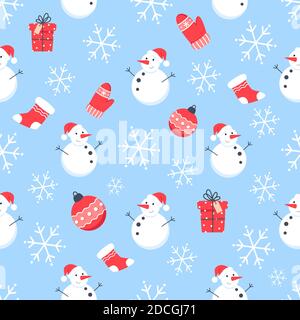 Motivo natalizio senza cuciture con pupazzo di neve e fiocchi di neve su sfondo blu, illustrazione vettoriale in stile piatto Illustrazione Vettoriale