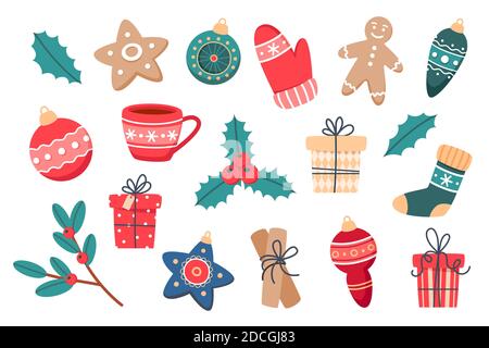 Set natalizio di elementi carini, illustrazione vettoriale in stile piatto per web design, poster e schede Illustrazione Vettoriale