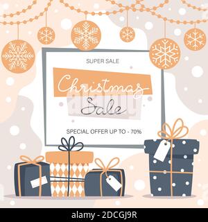Banner di vendita natalizia con fiocchi di neve, garland e regali, illustrazione vettoriale in stile piatto Illustrazione Vettoriale