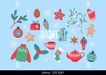 Set natalizio di elementi carini, illustrazione vettoriale in stile piatto per web design, poster e schede Illustrazione Vettoriale