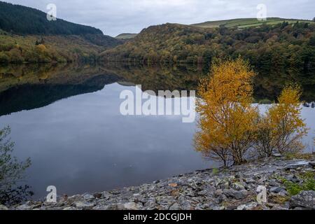 Vista panoramica autunnale del lago artificiale Garreg-ddu nella valle di Elan, Powys, Galles, Regno Unito Foto Stock