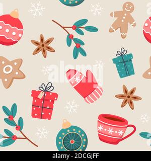 Modello senza cuciture natalizie con tazze, spezie, biscotti allo zenzero e decorazioni per il Capodanno Illustrazione Vettoriale