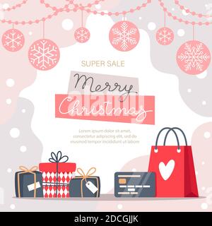 Banner di vendita natalizia con fiocchi di neve, garland e regali, illustrazione vettoriale in stile piatto Illustrazione Vettoriale