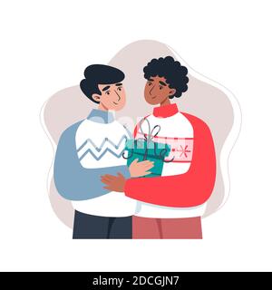 Due uomini che abbracciano e tengono un regalo, illustrazione vettoriale in stile piatto Illustrazione Vettoriale
