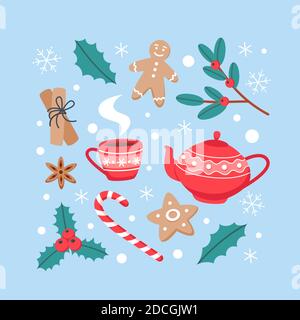 Collezione di elementi natalizi, cottura e bevanda calda, illustrazione vettoriale in stile piatto Illustrazione Vettoriale