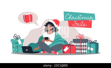 Donna acquista regali in negozio online, Capodanno e Natale shopping online da casa. Illustrazione vettoriale in stile piatto Illustrazione Vettoriale