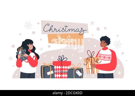 Vendita di Natale, l'uomo e la donna che tiene i regali, shopping in linea, illustrazione del vettore in stile piatto Illustrazione Vettoriale