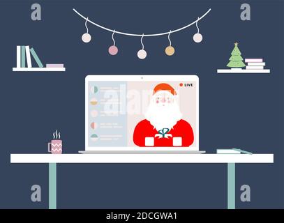 Babbo Natale con un regalo in mani che tiene un evento in streaming online dal vivo. Trasmissione in diretta di Natale da laptop, interfaccia sito web. Illustrazione vettoriale. Illustrazione Vettoriale