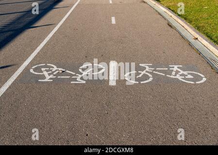 Pista ciclabile, strada per biciclette percorso ciclabile in estate, parco cittadino. Il concetto di sport e ricreazione. Foto Stock