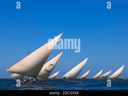 Gara di dhow durante il festival Maulid, Lamu contea, Lamu, Kenya Foto Stock