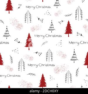 Allegro motivo di Natale in nero e rosso con testo e alberi di natale su sfondo bianco. Motivo natalizio senza cuciture per stampe, design in tessuto Illustrazione Vettoriale