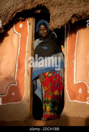 Ritratto di una donna della tribù Borana di fronte alla sua casa, Marsabit County, Marsabit, Kenya Foto Stock