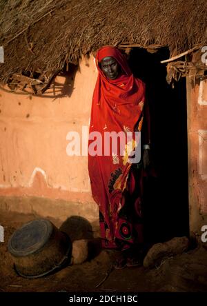 Ritratto di una donna della tribù Borana di fronte alla sua casa, Marsabit County, Marsabit, Kenya Foto Stock