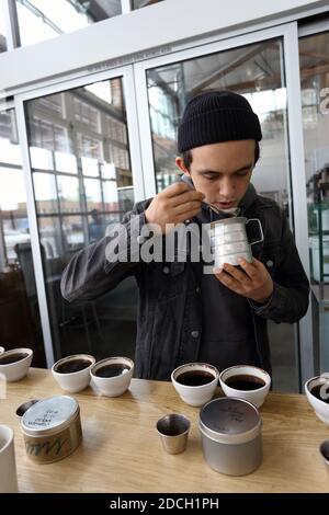 STATI UNITI / California / Oakland / caffè stile / caffè che cupping a Blue Bottle Coffee . Foto Stock