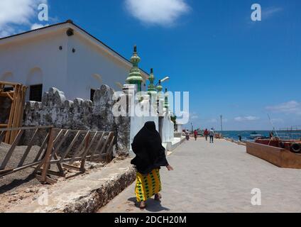 Donna musulmana che passa di fronte a una moschea, Lamu County, Lamu, Kenya Foto Stock