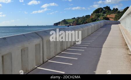 Parte del nuovo muro di Dawlish, che guarda verso il monte Lea, con navi da crociera lontane ancorate in mare aperto durante la pandemia del coronavirus. Foto Stock