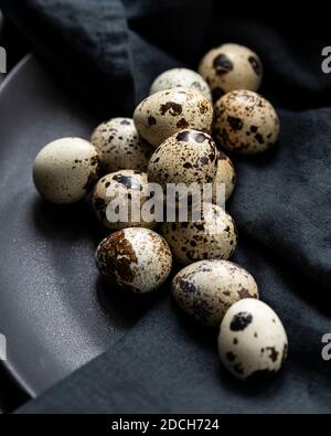 Eier von einer Wachtel in einer schale, rohe wachtel eier, color food Fotografia di uova di quaglia in una ciotola, uova di quaglie, scale mit Wachtel eiern,ingrediente Foto Stock