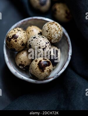 Uova di quaglia in ciotola bianca su sfondo nero, uova di quaglia, mucchio di uova di quaglie in ciotola, uova macchiate, uova macchiate in ciotola, uova di quaglia su sfondo scuro Foto Stock