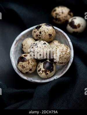 Uova di quaglia in ciotola bianca su sfondo nero, uova di quaglia, mucchio di uova di quaglie in ciotola, uova macchiate, uova macchiate in ciotola, uova di quaglia su sfondo scuro Foto Stock