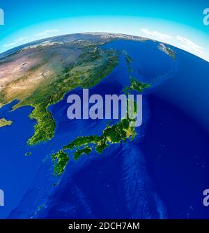 Mappa del Giappone, Corea del Nord e Corea del Sud, mappa fisica Asia, Asia orientale. Mappa con rilievi e montagne e Oceano Pacifico, atlante, cartografia Foto Stock