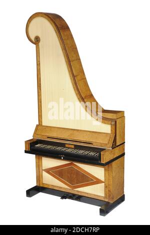 giraffe piano, C. Muller Factory a Vienna, 1815, palissandro, avorio, acero, rame, seta, olmo, mogano, lana, incollato, Generale: 234 x 119 x 54cm 2340 x 1190 x 540mm, pianoforte grande con cassa verticale a corda, modello di giraffa in stile Impero. La tappezzeria pieghettata della scatola a corda è realizzata in seta artificiale beige e fissata con un nastro di cotone. Il pannello anteriore è separato dalla custodia ed è fissato da due perni. Una striscia di tessuto in feltro blu viene intessuta attraverso le corde. La custodia a corda ha una voluta a forma di S e quattro rosette di rame, tre sugli angoli e la quarta nell'arricciatura. Sul Foto Stock