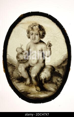 Vetro, Anonimo, c.. 1600, vetro, piombo, Generale: 21.5 x 16cm 215 x 160mm, cristo, bambino, vetro ovale con l'immagine macchiata di un bambino benedicente. Il Cristo Bambino è raffigurato seduto, a tutta lunghezza, rivolto in avanti e guardando lo spettatore. Nella mano sinistra tiene un globo con una croce e la mano destra tiene in su, due dita in su. Immagine in grisaille, in una cornice di piombo. Sulla cornice è scritto in fondo dicendo Cristo bambino ± 1600, 1970 Foto Stock