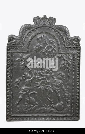 Fireback, Anonimo, 17 ° secolo, cast, Generale: 91 x 64 x 1.7cm 910 x 640 x 17mm, Iron fireback con la rappresentazione allegorica dell'amore della Madre. Viene proposta una donna seduta con un bambino in grembo. Ci sono altri due bambini con lei. La performance è incorniciata da un bordo in perla. Il fuoco è rettangolare, con una cima semicircolare, chiusa da due delfini con una conchiglia al centro, allegoria, donna, bambino Foto Stock