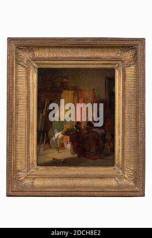 Pittura, Jacobus Ludovico Cornet, c. 1840, pannello, dipinto ad olio, dipinto, supporto: 25.5 × 21.6 × 1cm 255 × 216 × 10mm, con cornice: 39 × 36 × 2.5cm 390 × 360 × 25mm, pittura , uomo, interno, studio, pittura raffigurante l'interno di uno studio di pittura. In una stanza semplice, con pareti imbiancate e a sinistra una finestra alta con una tenda verde aperta, si siede un po' a destra del centro, in una poltrona alta, tre quarti girati a destra, un pittore sul suo cavalletto. Indossa delle basette ed è vestito con un vestito nero. A destra del cavalletto è presente un armadio in vetro incorporato. Sono appesi sei dipinti Foto Stock