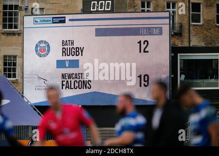 Bath, Regno Unito. 02 novembre 2020. BATH, INGHILTERRA. 22 NOVEMBRE il tabellone dice tutto dopo l'apertura di Newcastle Falcons nel Gallagher Premiership match tra Bath Rugby e Newcastle Falcons al Recreation Ground, Bath domenica 22 novembre 2020. (Credit: Chris Lishman | MI News) Credit: MI News & Sport /Alamy Live News Foto Stock