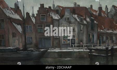 Disegno, Anthony Coert, quarto quarto trimestre 19 - prima metà 20 ° secolo, gesso, cartone, firmato, vettore: 73 × 115 × 0,2cm 730 × 1150 × 2mm, con telaio: 103.5 × 145.6 × 2.5cm 1035 × 1456 × 25mm, paesaggio invernale, fossato, casa, barca, paesaggio urbano, uomo, disegno in gesso colorato raffigurante una fantasia topografica ispirata al paesaggio urbano di Leida con neve che si sciacqua. Il canale scorre in primo piano. Nell'acqua del canale si trova una barca sulla sinistra. Sull'acqua ci sono case i cui tetti sono ancora coperti di neve qua e là. C'è anche neve sulla strada. Sulla destra un uomo cammina vicino a. Foto Stock