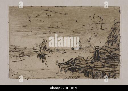Incisione, Floris Verster, 1890, inchiostro, carta, stampato, dimensioni immagine: 10.5 x 20.3cm 105 x 203mm, supporto: 25 x 32.3cm 250 x 323mm, dimensioni giorno: 12 x 21.6cm 120 x 216mm, con passe -partout: 33 x 49.4cm 330 x 494mm, paesaggio, incisione su carta raffigurante stagni di concime di notte. Sono raffigurati diversi laghetti di concime in un paesaggio altrimenti aperto. Non firmato. L'incisione è una stampa contemporanea del tempo stesso dell'artista, 1939 Foto Stock