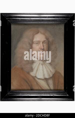 Pastel, Bernard Vaillant, 1677, Signature front, in alto a destra: B. Vaillant. f.1677, pastello, legno, vetro, carta, firmato, Generale (dimensioni secondo catalogo 1983): 40 x 30cm (400 x 300mm), con cornice: 52 x 44.1 x 3cm (520 x 441 x 30mm), dimensioni: 39.2 x 31.3cm (392 x 313mm), ritratto dell'uomo, uomo, ritratto pastello di un uomo. Identificazione non del tutto certa, ma è probabilmente Engelbert Nicolaasz. Il Gijselaar. Busto, si girò un po' a destra e guardando lo spettatore. Indossa lunghi capelli ondulati che pendono fino alla spalla, un baffi sottile e una vestaglia marrone con un ampio abito bianco Foto Stock