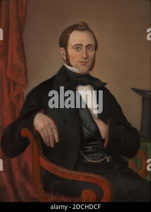 Pastello, Adrianus Henricus van der Tak, 1855, Signature anteriore, in basso a sinistra: AH. vd Tak fec. 1855, pastello, cartone, carta, firmato, supporto: 76 × 59.5 × 0.3cm (760 × 595 × 3mm), con cornice: 83.5 × 67.5 × 7.5cm (835 × 675 x 75mm), ritratto dell'uomo, interno, Ritratto di un uomo: Hubertus van Romburgh. Viene mostrato seduto su una sedia, puntando verso destra, girando la testa e guardando lo spettatore. Scivolò la mano sinistra nel suo giubbotto e il suo braccio destro si appoggia sullo schienale della sedia. Indossa gli anelli sul dito piccolo e sul dito indice della mano destra. È vestito con un vestito scuro con un bianco Foto Stock