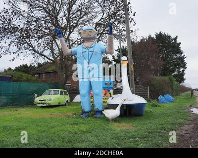 Leysdown, Kent, Regno Unito. 21 Novembre 2020. Un'oca è diventata il migliore amico con una vecchia corsa in barca 'swan Boat', che è ora situato fuori dal Bay View Garden Center vicino a Leysdown in Kent. L'oca è regolarmente visto seduto con il cigno di plastica molto più grande. Nelle vicinanze si trova anche il 'Leysdown Giant', decorato a sostegno del NHS. Credit: James Bell/Alamy Live News Foto Stock