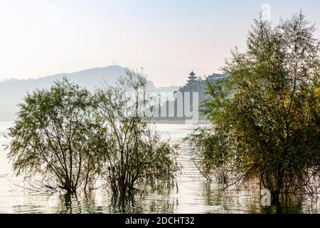 Vista della Pagoda di Shi Baozhai sul fiume Yangtze vicino a Wanzhou, Chongqing, Repubblica Popolare Cinese, Asia Foto Stock