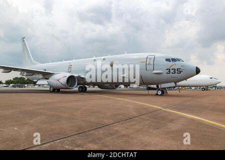 US Navy Boeing P-8 Poseidon aereo di pattuglia marittima sulla asfalto di RAF Fairford. Regno Unito - 13 luglio 2018 Foto Stock