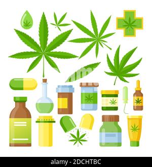 Illustrazione vettoriale della medicina della cannabis. Set di marijuana medica a piano di cartone animato con bottiglia di vetro di olio di canapa, estratti di cannabis in vaso o contenitore di plastica Illustrazione Vettoriale