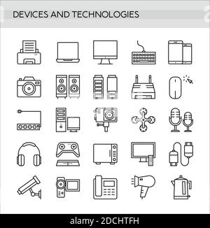 Icone dei dispositivi impostate in stile sottile isolato su sfondo bianco. Moderna collezione di icone di tecnologia digitale. Illustrazione Vettoriale