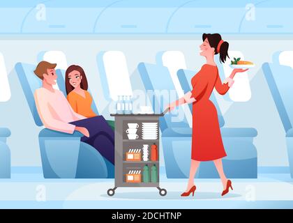Servizio di ospitalità in aereo, cartoon stewardess lavoro, servendo passeggeri coppie persone Illustrazione Vettoriale