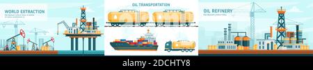 Illustrazioni vettoriali piatte con estrazione, trasporto, produzione industriale di raffinerie offshore Illustrazione Vettoriale