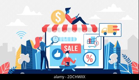 Vendite in negozio online al dettaglio, illustrazione vettoriale concetto ecommerce. Cartoon piccole persone che utilizzano app shop in dispositivi mobili per lo shopping, ordine in internet, sconti commerciali offerta background Illustrazione Vettoriale