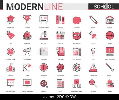 Set di illustrazioni vettoriali con icone a linea piatta per l'istruzione scolastica con app mobile per l'interfaccia utente per la formazione scolastica raccolta di elementi didattici per studenti e soggetti scolastici, simboli modificabili dello studio del tratto Illustrazione Vettoriale