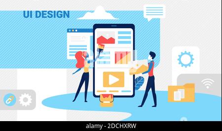 Le persone creano un'illustrazione vettoriale del concetto di progettazione dell'interfaccia utente. Cartoon Tiny designer team che lavora su un'interfaccia utente creativa per smartphone, il personaggio di sviluppo che crea uno sfondo moderno per le app mobili Illustrazione Vettoriale