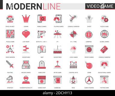 Video game red black flat line icona vettoriale set di illustrazioni con outline entertainment mobile app raccolta di simboli con dispositivi e gadget per i giocatori, occhiali vr per il gioco in realtà aumentata Illustrazione Vettoriale